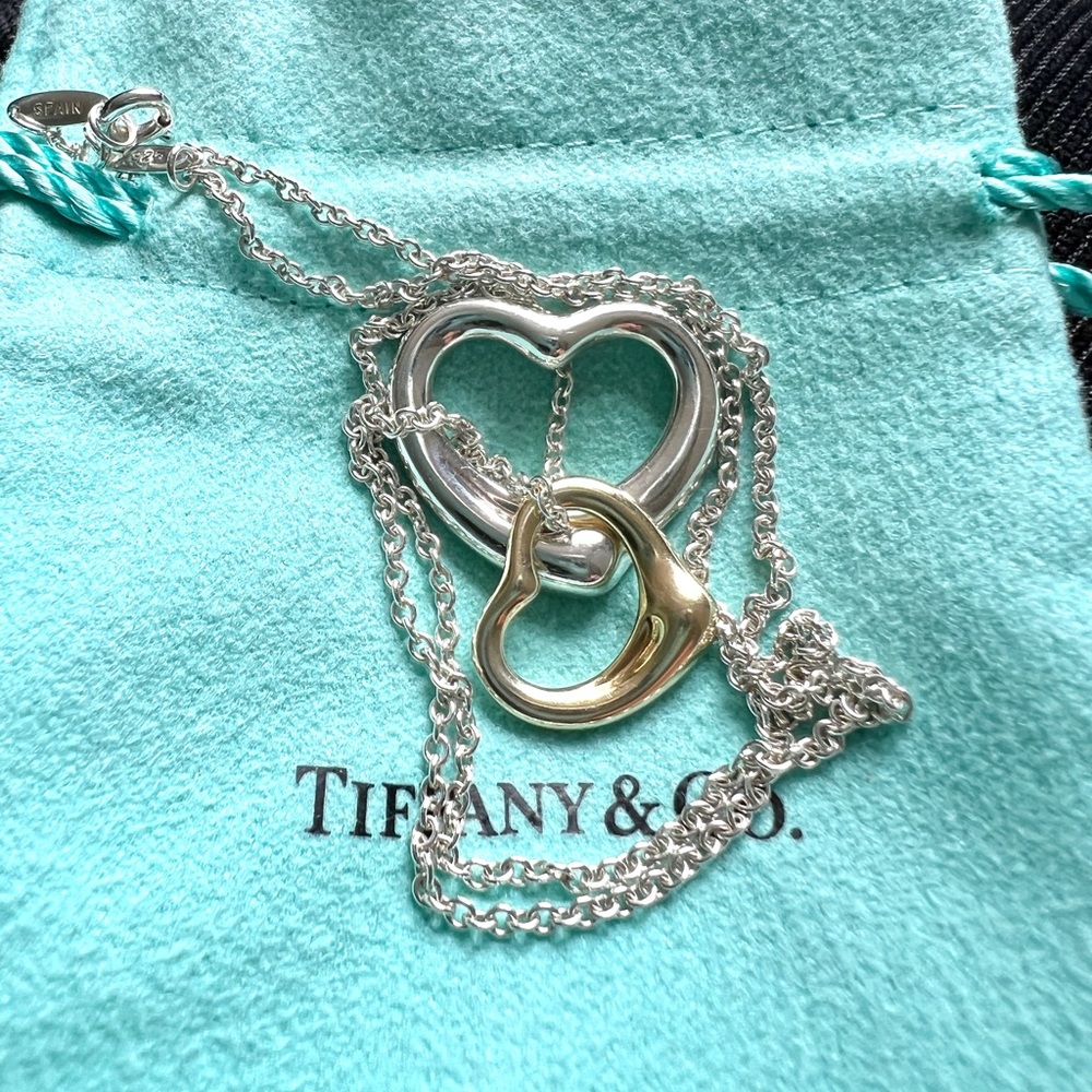 Tiffany & Co. Elsa Peretti Double Open Heart Silver and 18k Gold Necklace